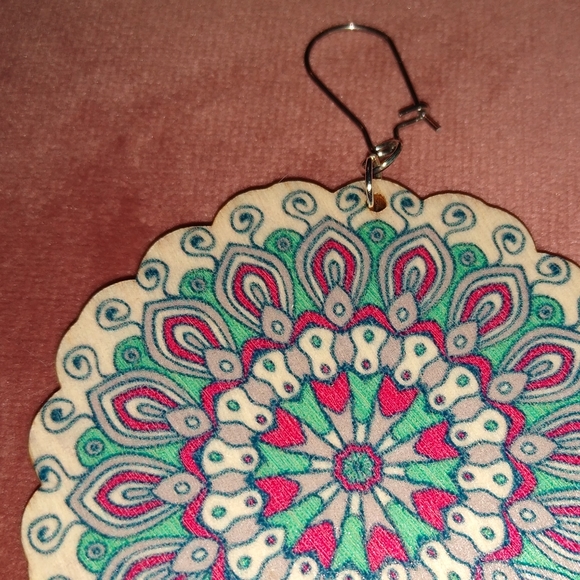 Big Flower Mandala Boho Wood Floral Festival Earrings Pink Turquoise Bohemian - Picture 3 of 8